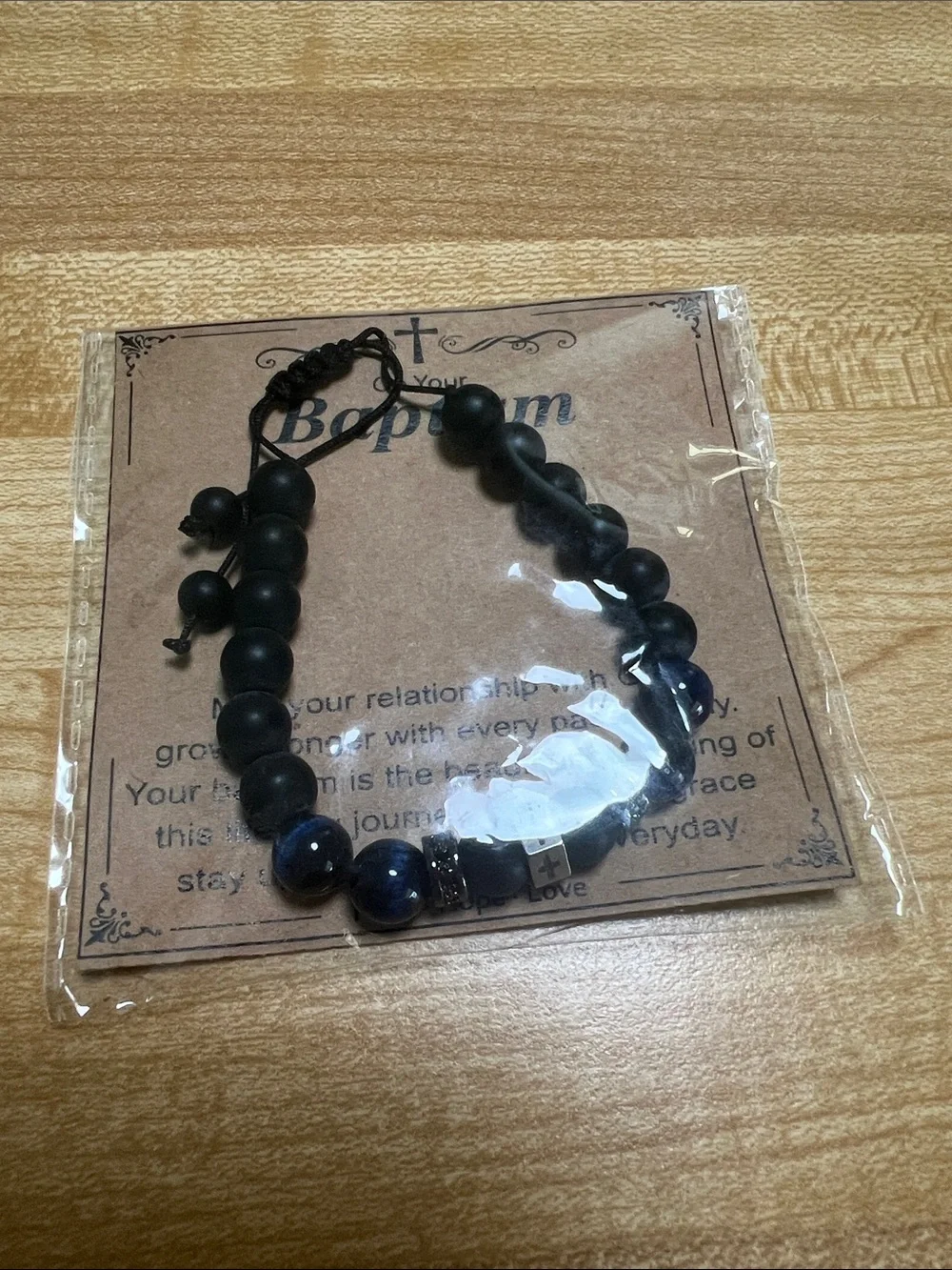 #2677**Men's Black and Navy Beaded Baptism Bracelet - Unbranded